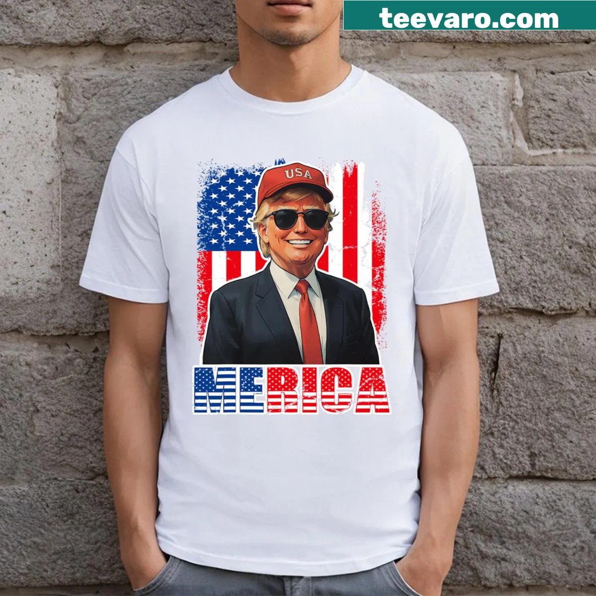 Patriotic T-shirt with Trump 2024 and American flag design — on a men's t-shirt