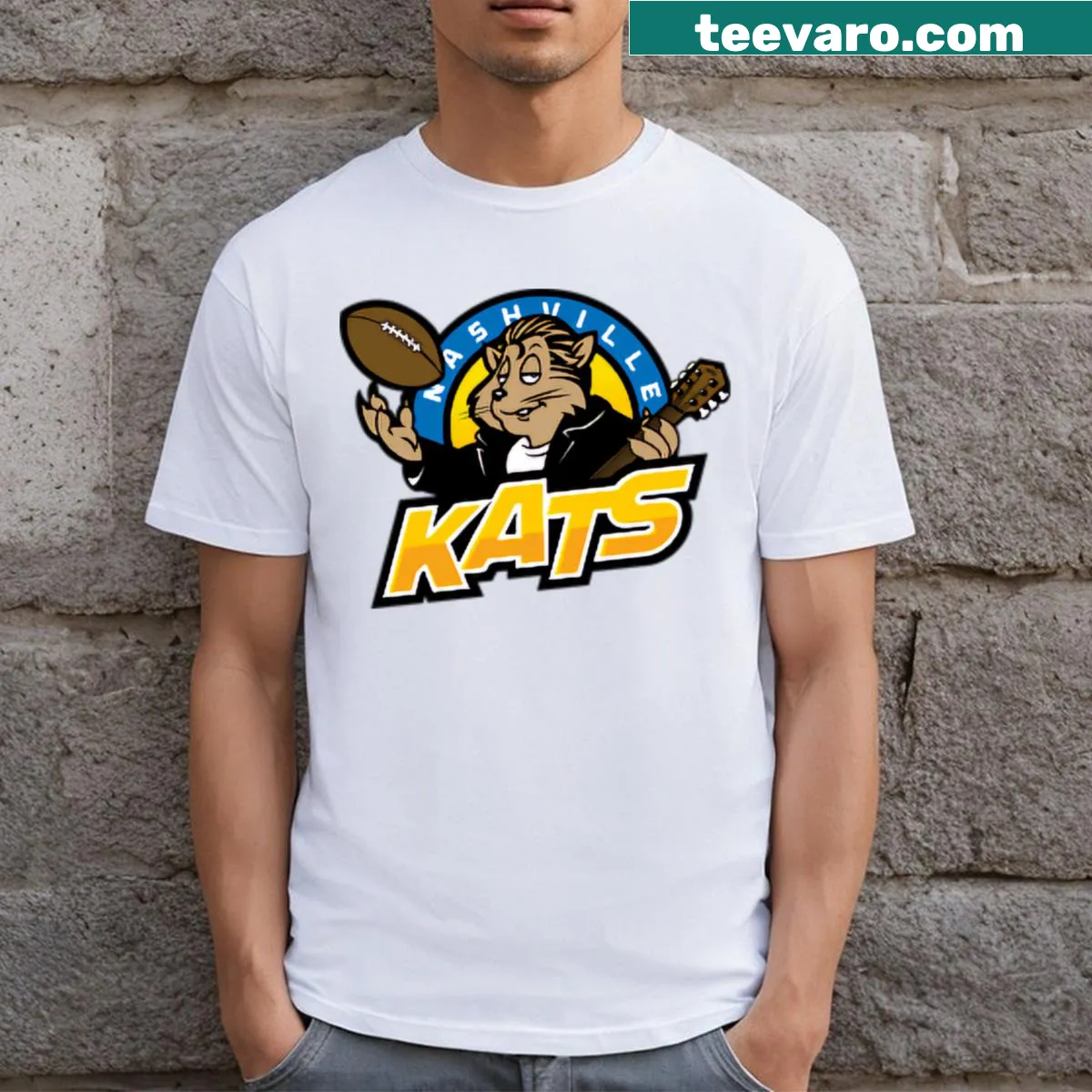 Nashville Kats T-shirt with a music-themed illustration — on a men's t-shirt