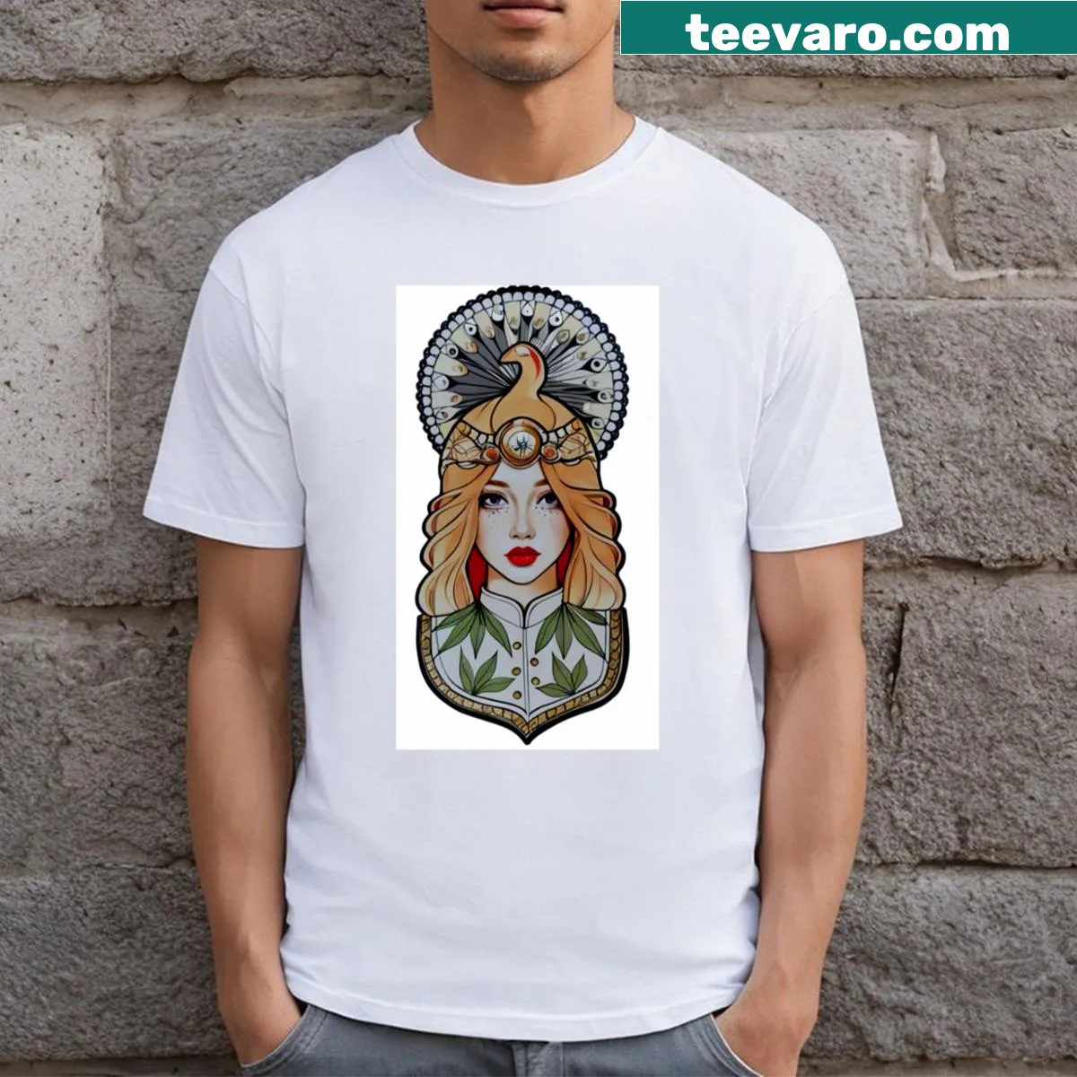 Neotraditional women’s T-shirt featuring an intricate peacock illustration — on a men's t-shirt
