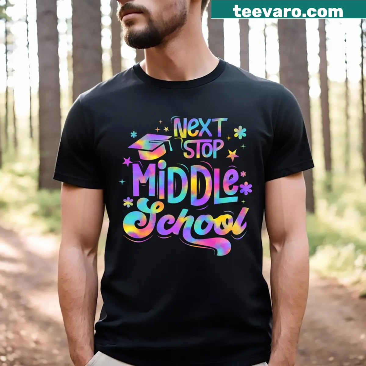 Graduation t-shirt with 'Next Stop Middle School' text in cheerful typography — on a men's t-shirt