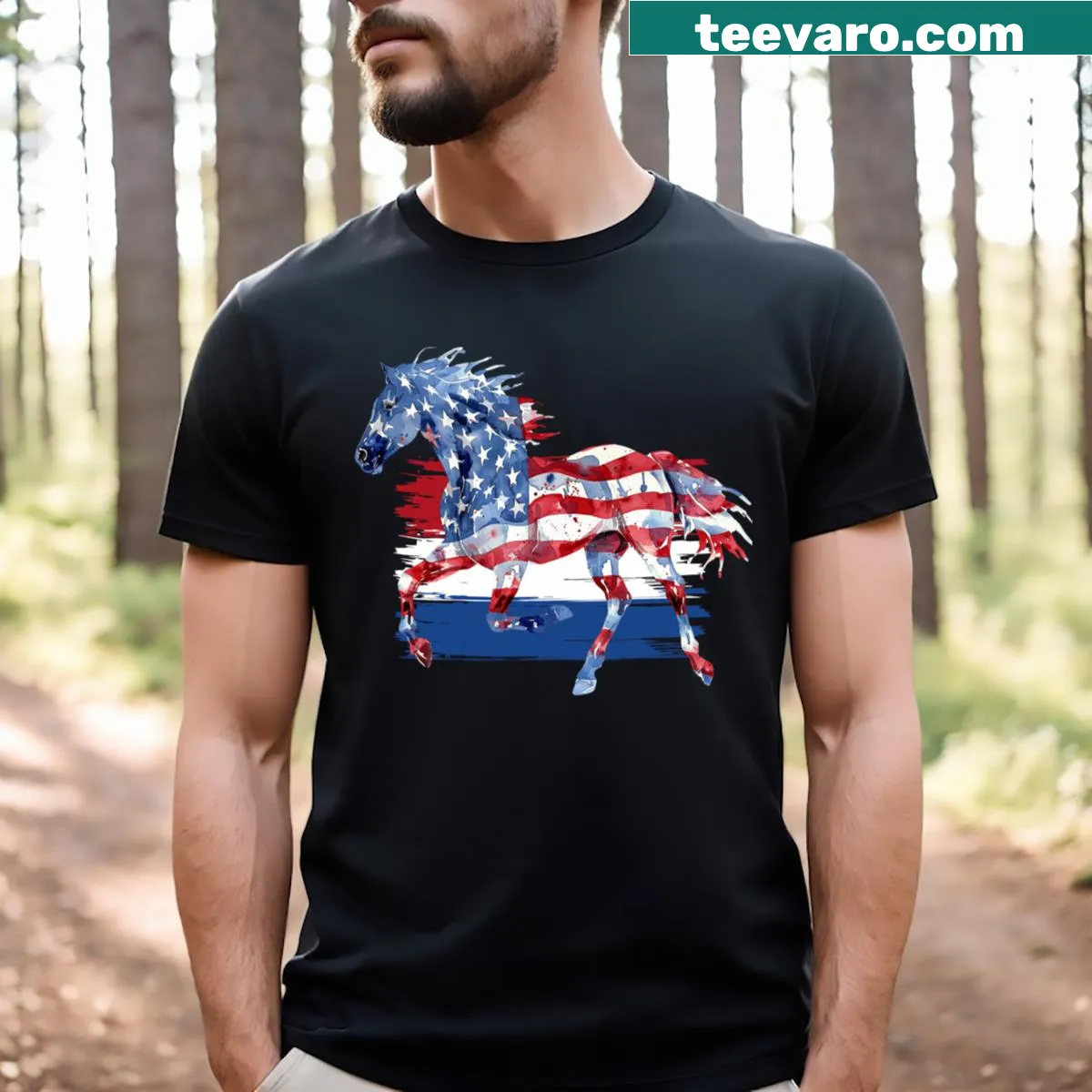 Patriotic T-shirt featuring an illustration of a horse — on a men's t-shirt