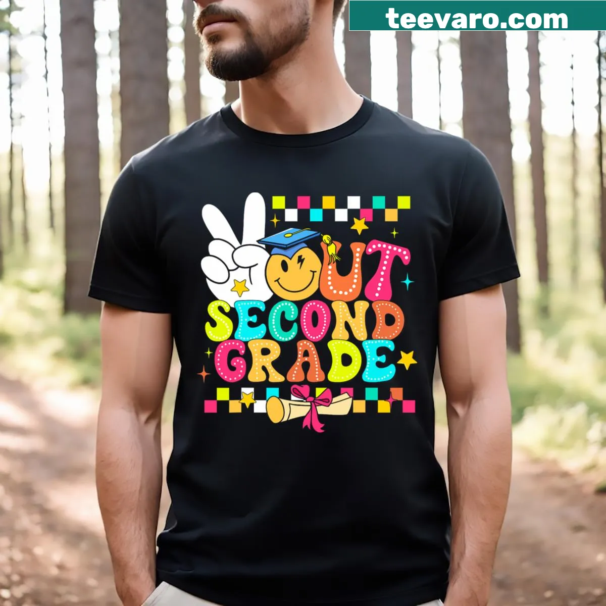 T-shirt celebrating last day of school with 'Peace Out 2nd Grade' text — on a men's t-shirt