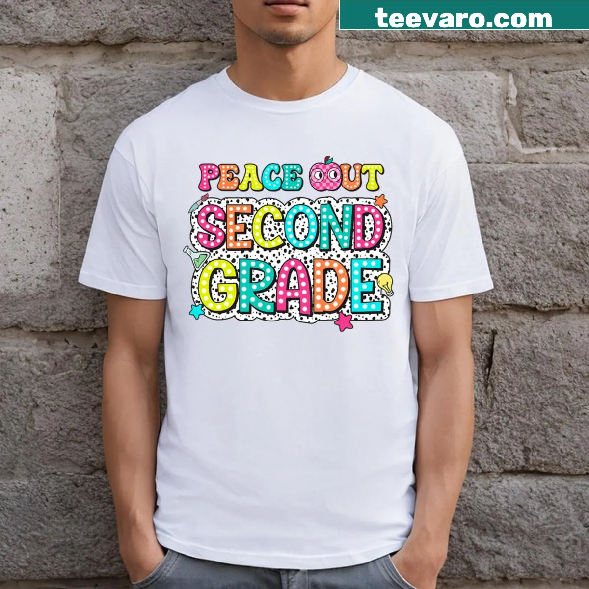 Retro graduation t-shirt with 'Peace Out 2nd Grade' design — on a men's t-shirt