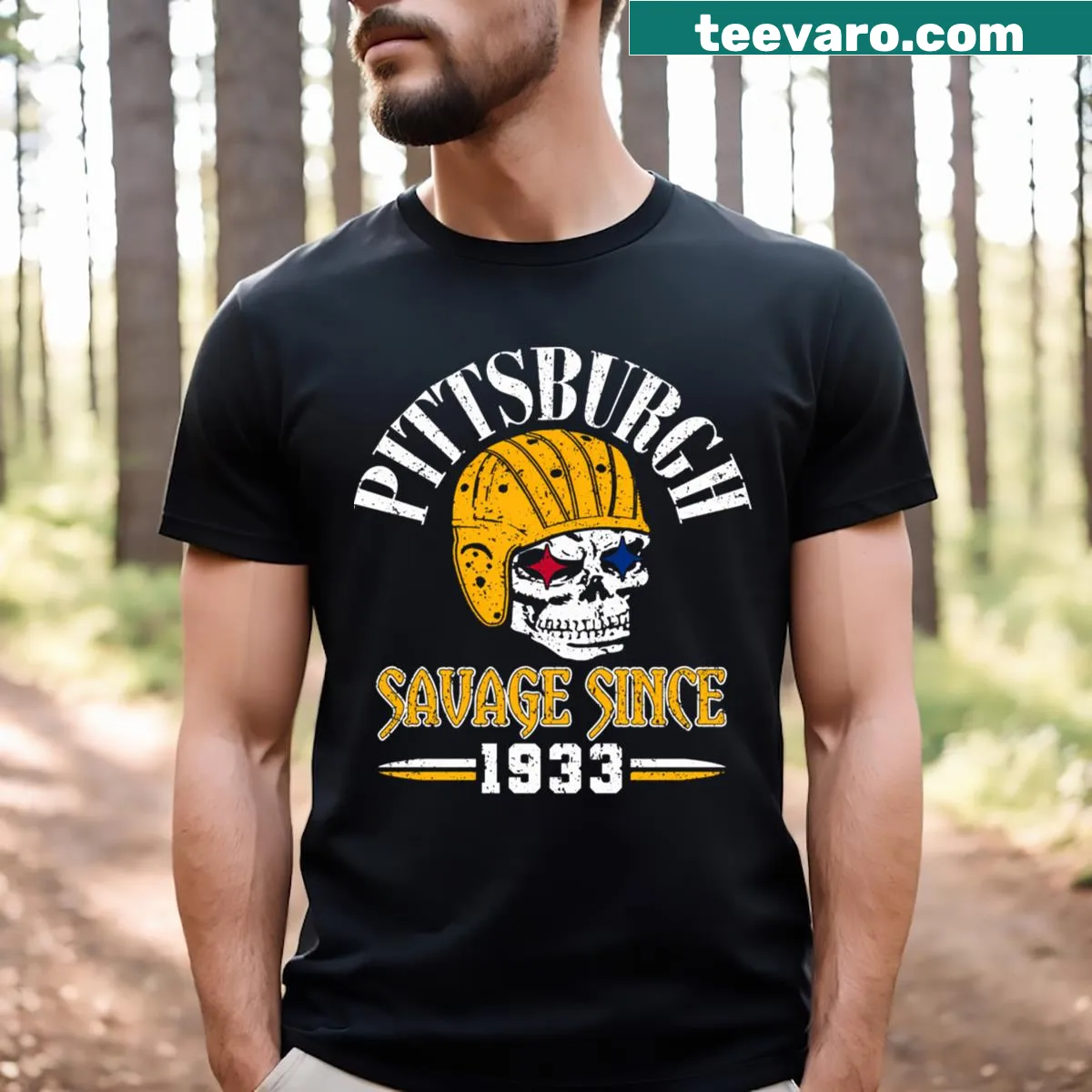 Vintage 1933 Pittsburgh football t-shirt with grunge style print — on a men's t-shirt