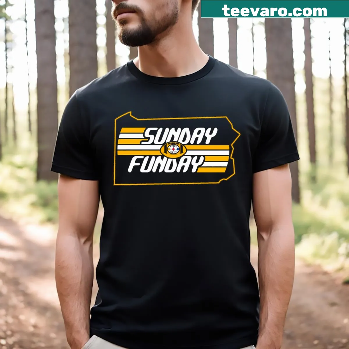 Bold Pittsburgh football-themed typography T-shirt for fans — on a men's t-shirt