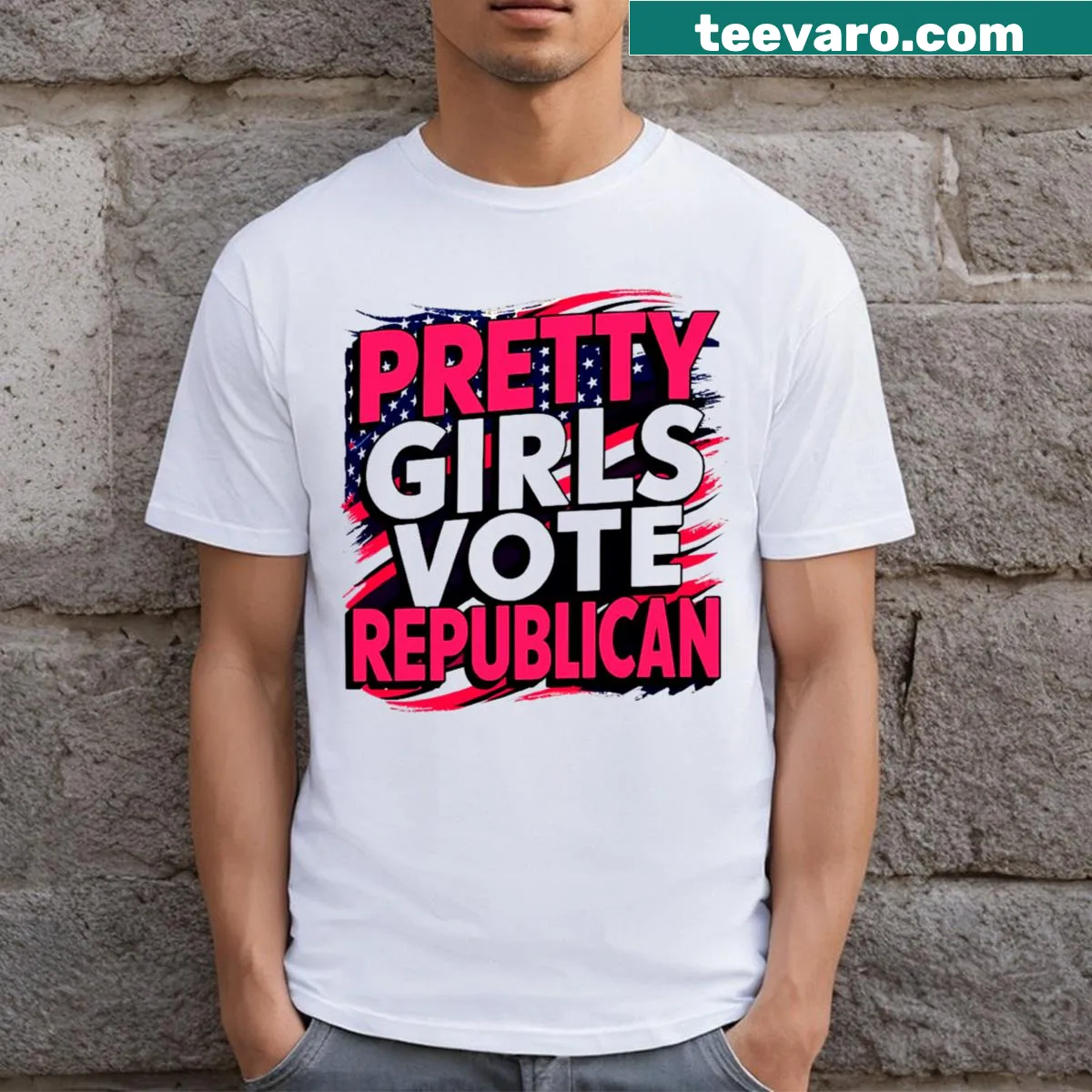 Patriotic t-shirt for women featuring Republican message and US flag — on a men's t-shirt