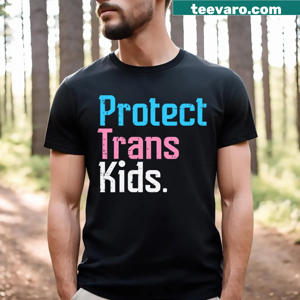T-shirt with Protect Trans Kids message and transgender pride flag — on a men's t-shirt