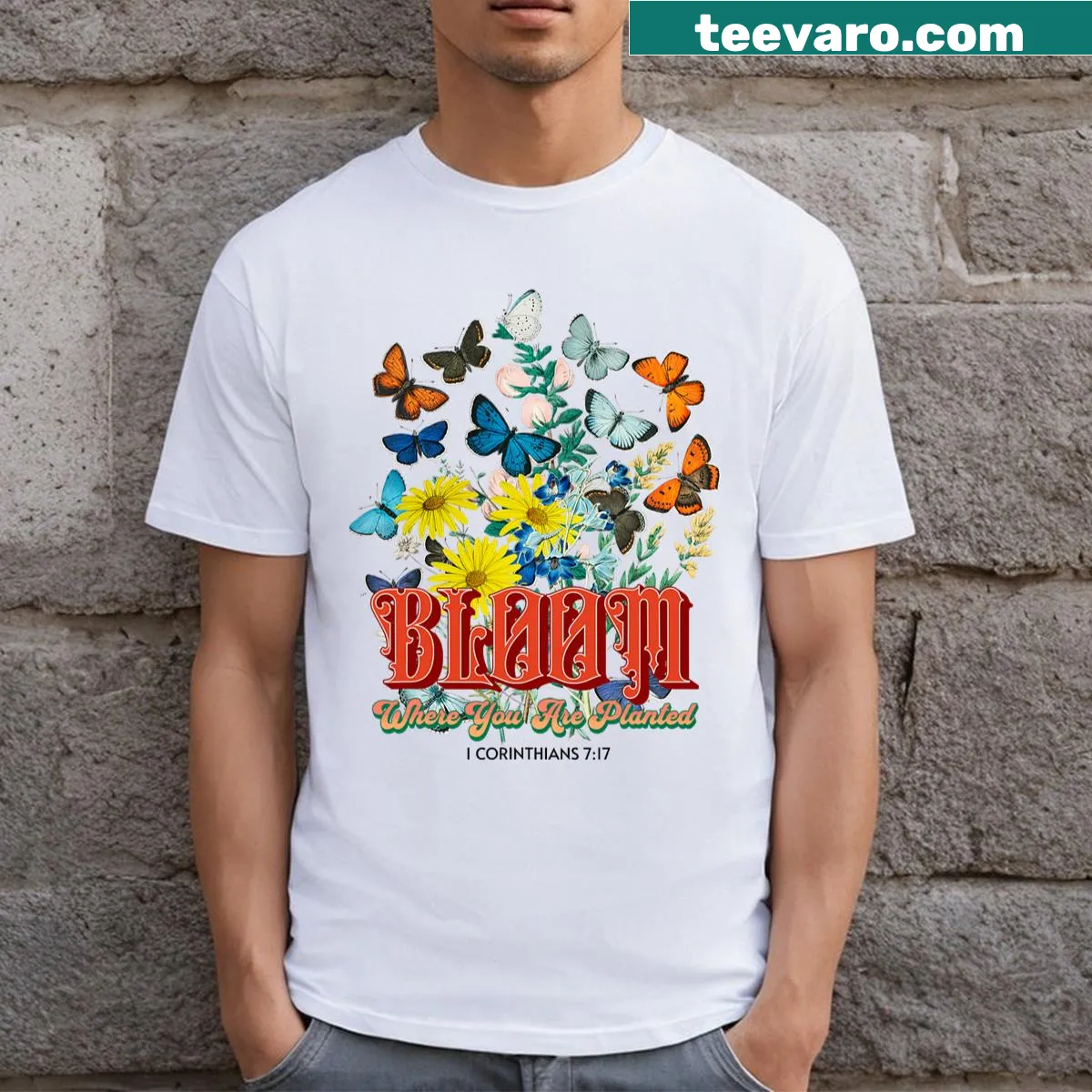 Retro t-shirt with 'Bloom Where You Are Planted' Christian graphic — on a men's t-shirt