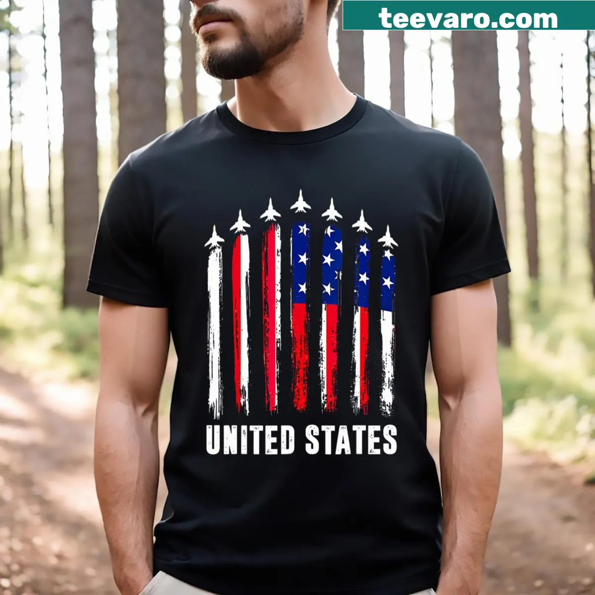 Fighter jet graphic above USA flag on patriotic T-shirt — on a men's t-shirt