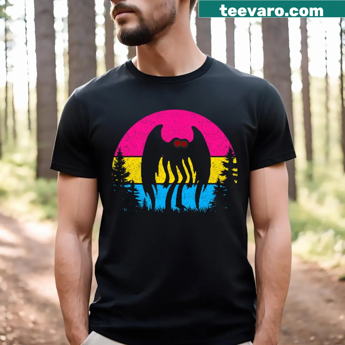 T-shirt featuring Mothman design and pansexual pride elements — on a men's t-shirt