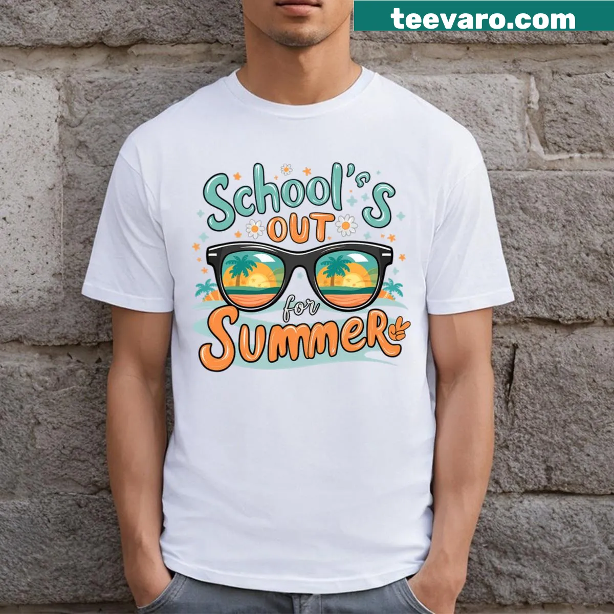 T-shirt with the phrase 'Schools Out For Summer' prominently displayed — on a men's t-shirt