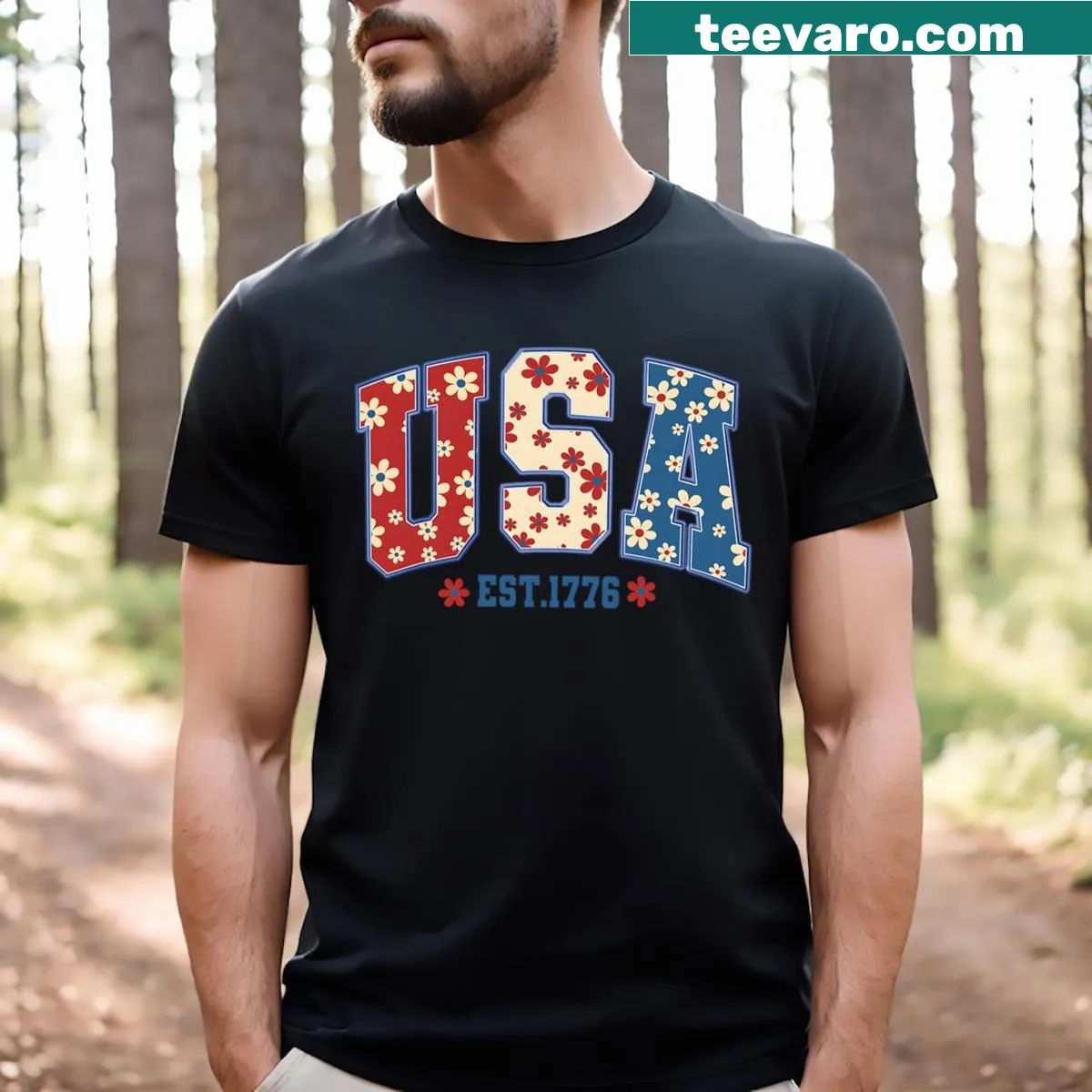 Floral USA flag embroidered T-shirt for 4th of July — on a men's t-shirt