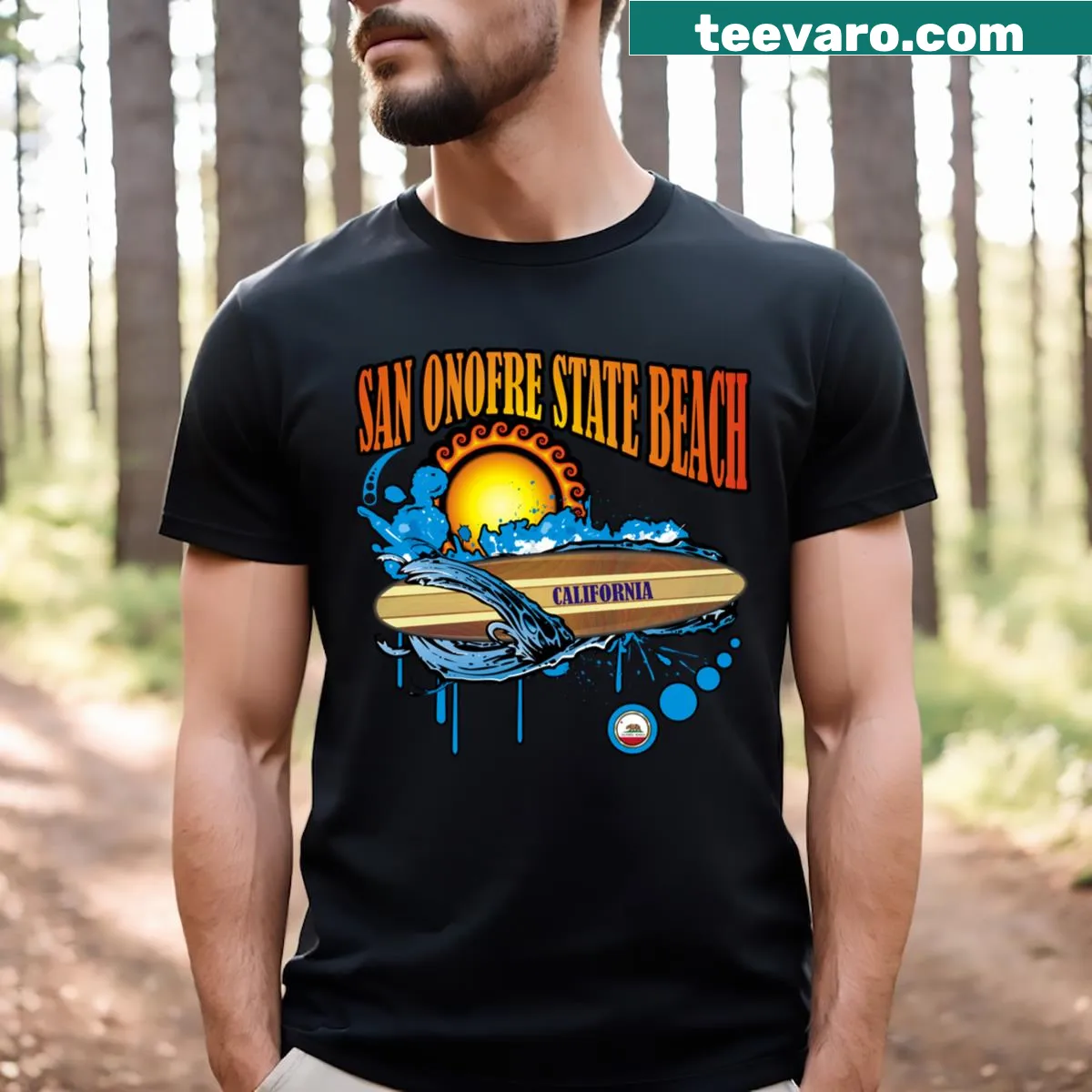 Illustrated T-shirt inspired by San Onofre State Beach and surf culture — on a men's t-shirt