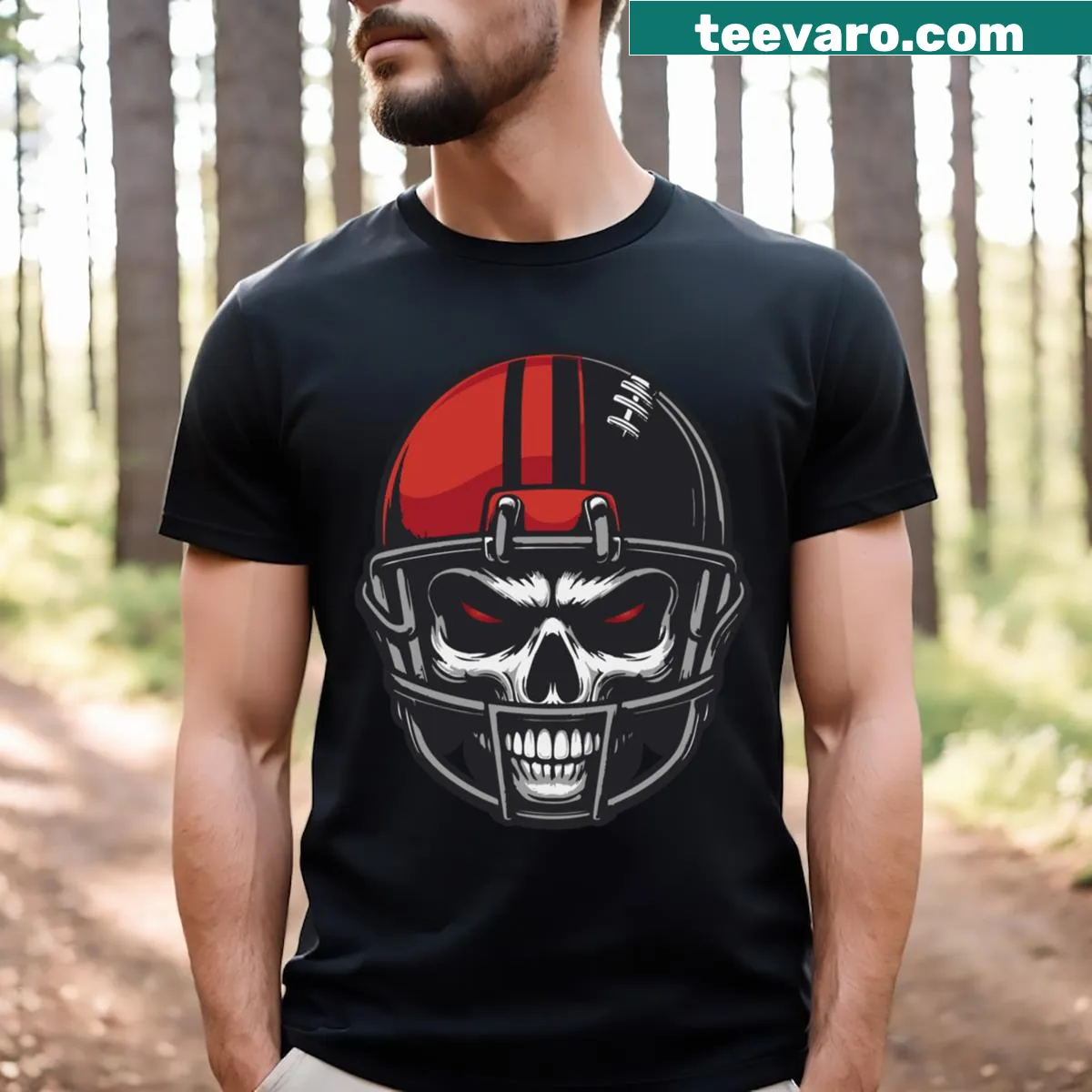 Skull wearing an American football helmet graphic on t-shirt — on a men's t-shirt
