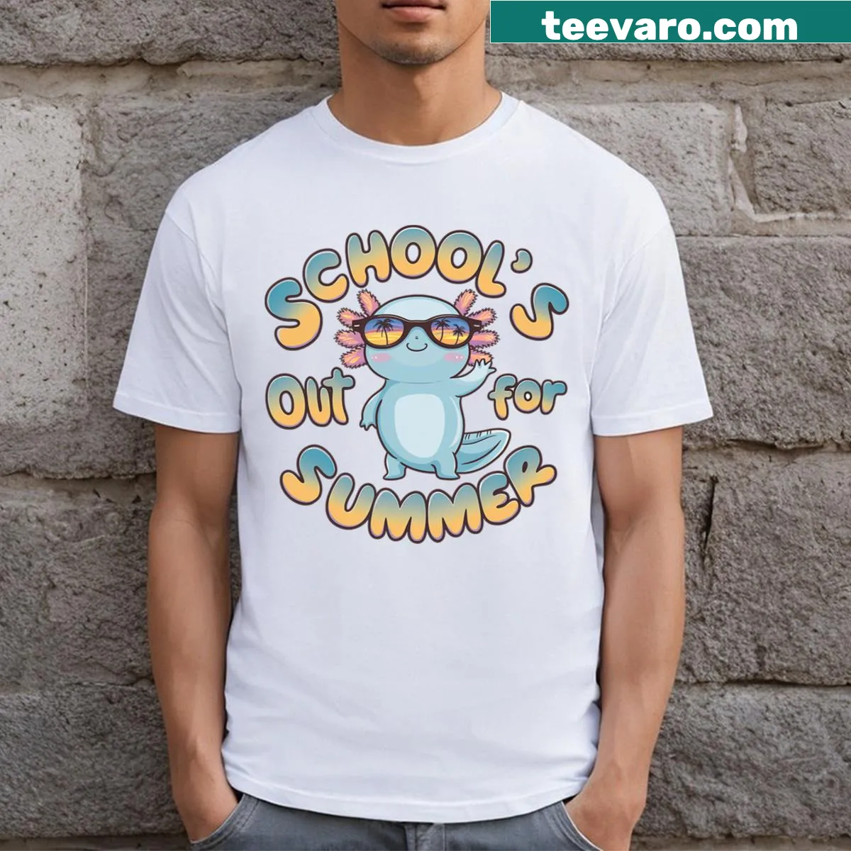 Axolotl and text graphic celebrating summer break on t-shirt — on a men's t-shirt