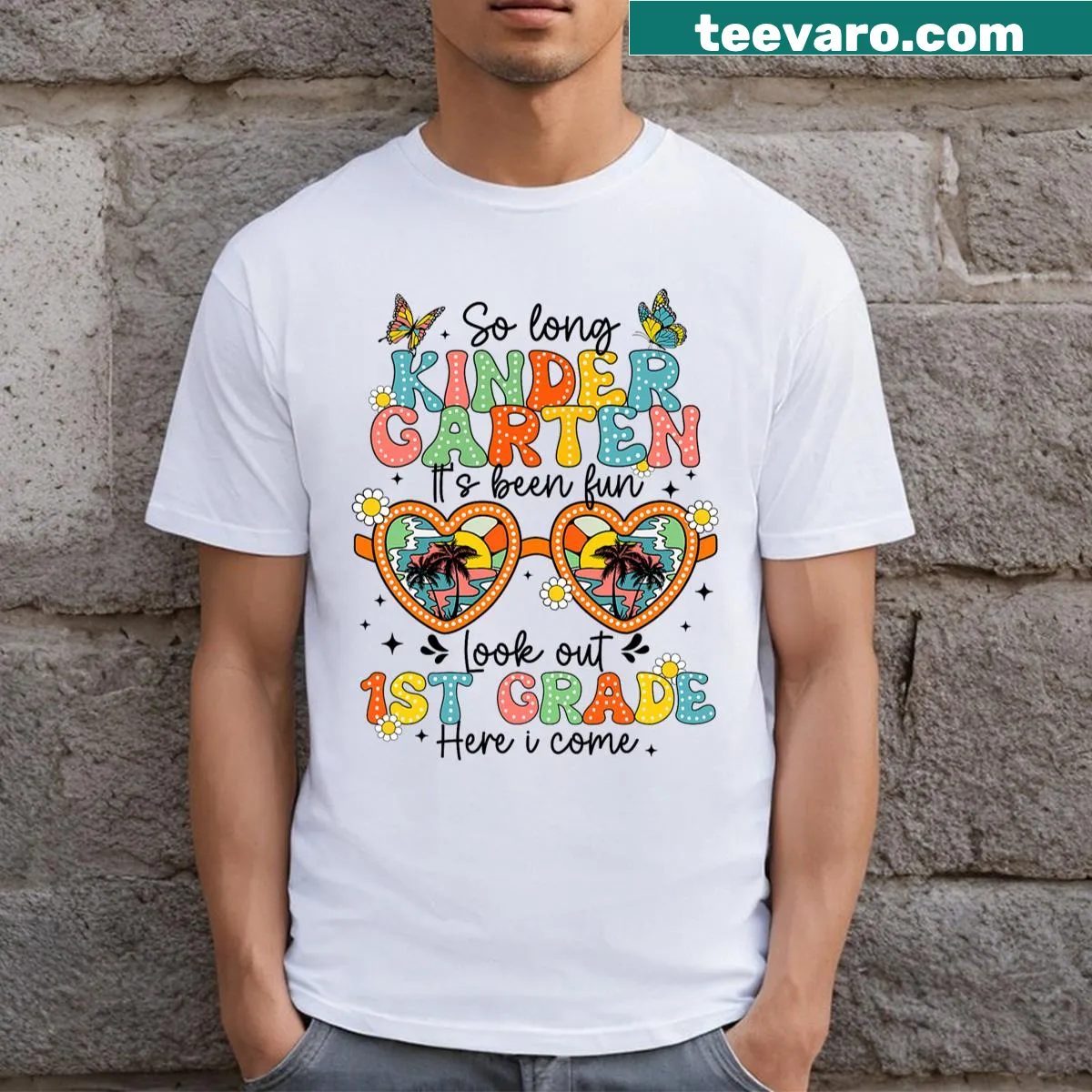 Kids t-shirt celebrating kindergarten graduation with playful text. — on a men's t-shirt