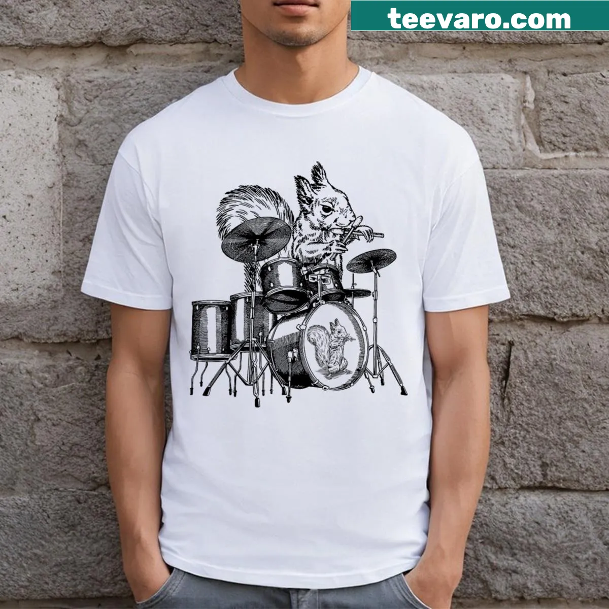 Cartoon squirrel playing drums on a humorous music-themed T-shirt — on a men's t-shirt