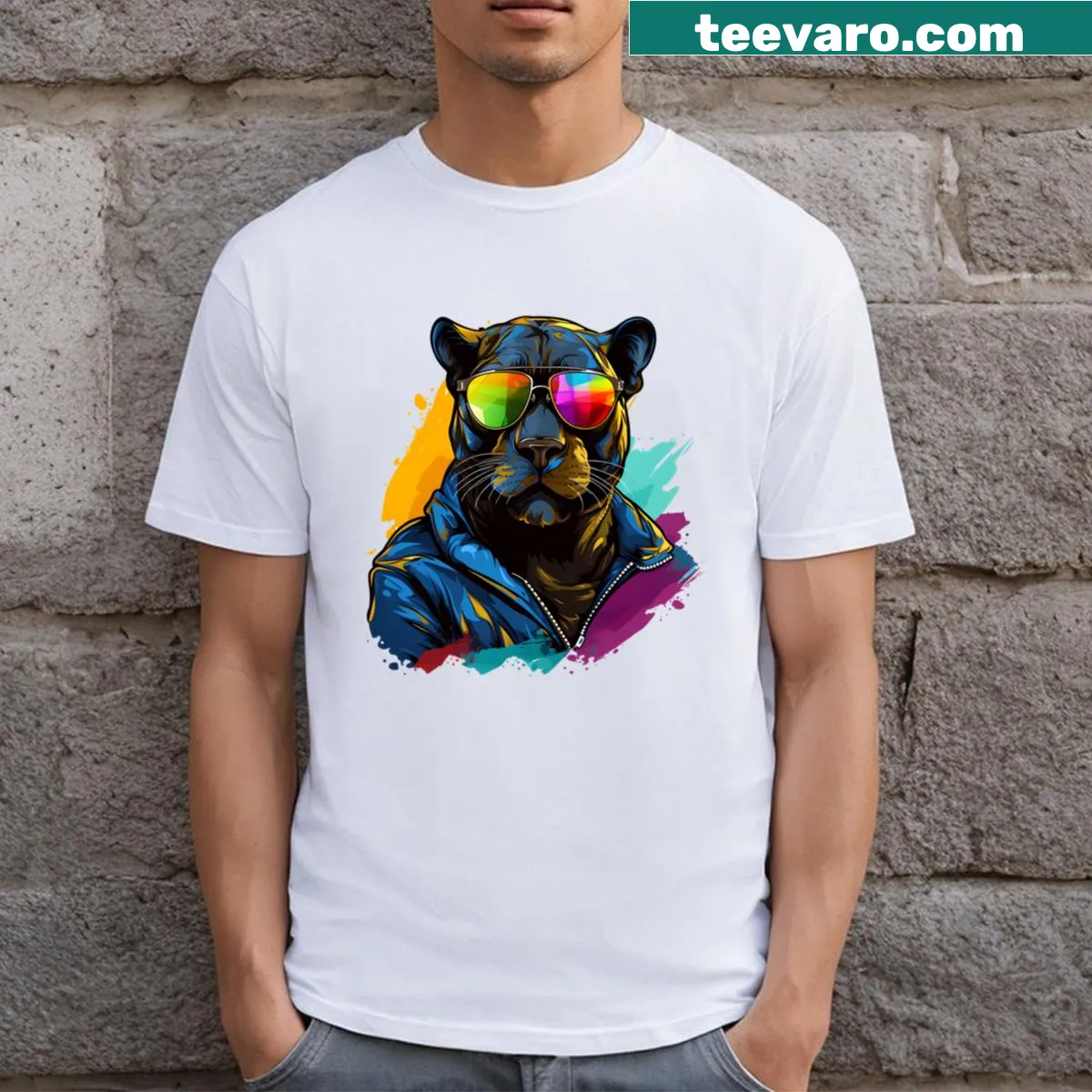 Cartoon gangsta panther wearing sunglasses on a funny T-shirt — on a men's t-shirt