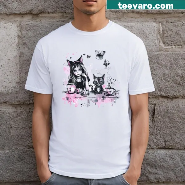 Illustrative t-shirt featuring teacups and tea leaves for tea lovers