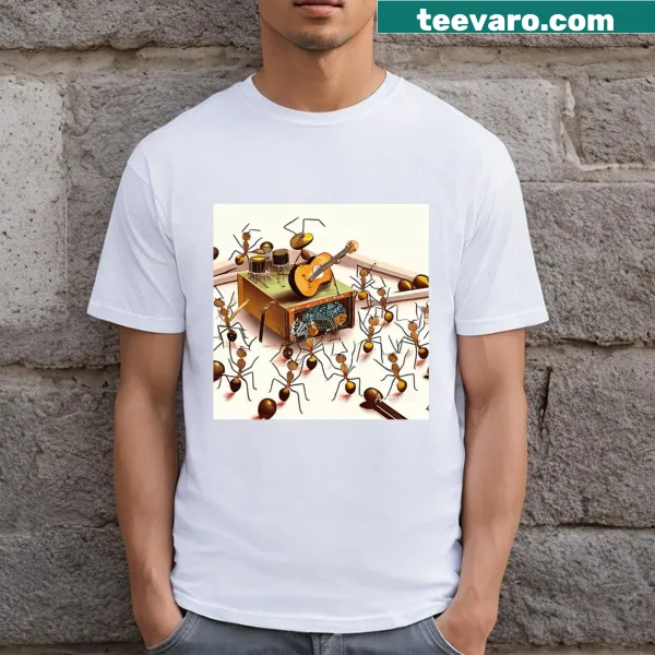 Illustration of a whimsical ant design with text on a t-shirt