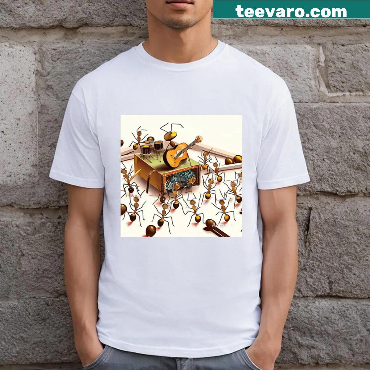 Illustration of a whimsical ant design with text on a t-shirt — on a men's t-shirt