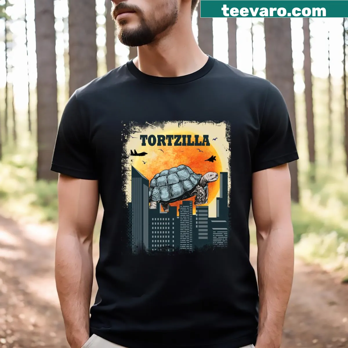 Cartoon tortoise Tortzilla graphic on a funny t-shirt — on a men's t-shirt
