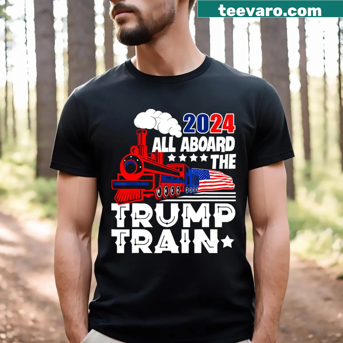 Patriotic T-shirt with Trump Train and American flag design. — on a men's t-shirt