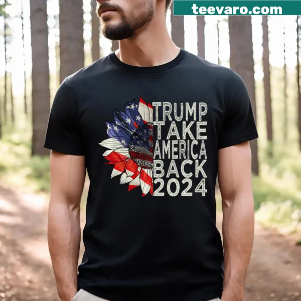 T-shirt with sunflower and USA flag featuring Take America Back slogan