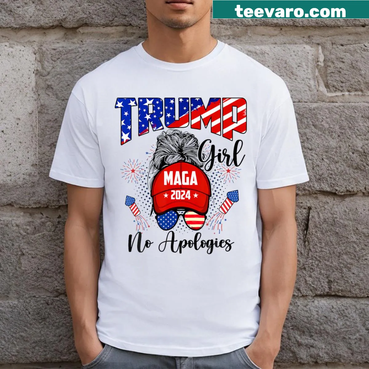 Patriotic shirt for women with text declaring No Apologies for Trump. — on a men's t-shirt