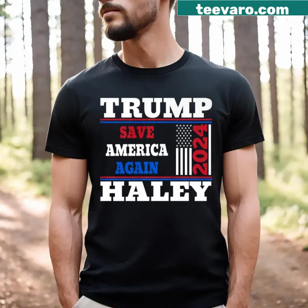 T-shirt with Save America Again slogan and American flag design