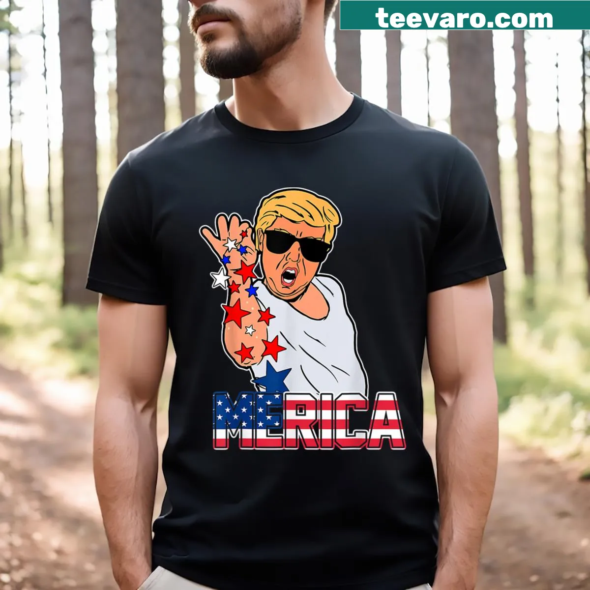 Patriotic T-shirt with emblem style design and American flag elements — on a men's t-shirt