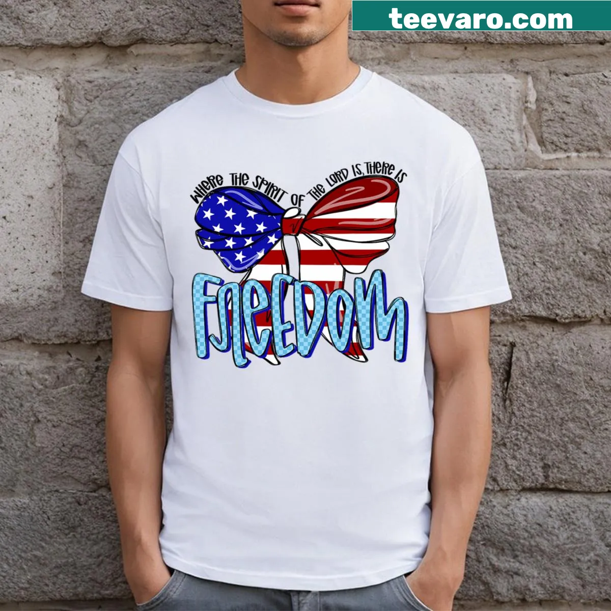 Faith-themed T-shirt with USA flag and inspirational text — on a men's t-shirt