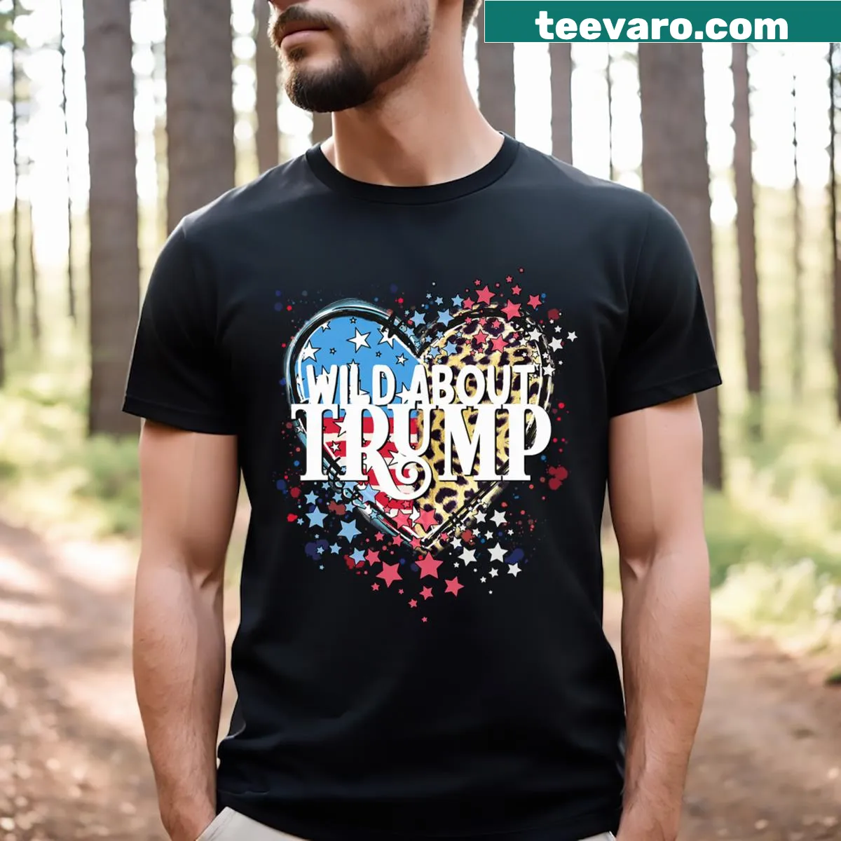 T-shirt with pro-Trump design featuring flag and leopard print — on a men's t-shirt