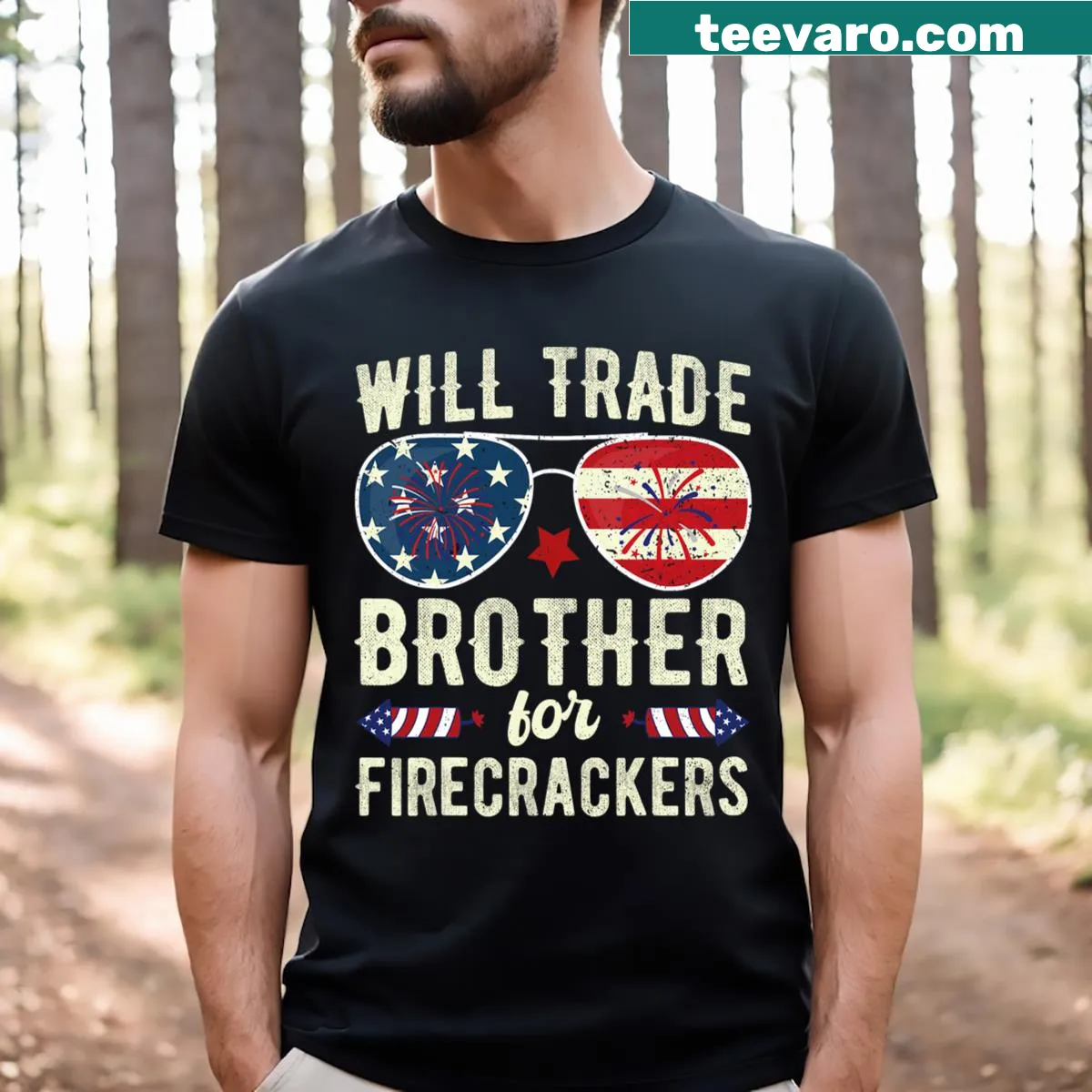 Funny T-shirt with text 'Will Trade Brother For Firecrackers' for 4th of July — on a men's t-shirt