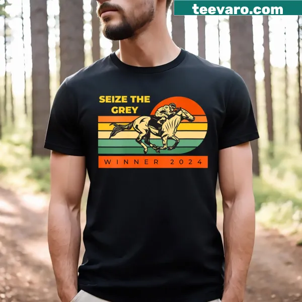 Vintage racing graphic with 'Seize The Grey' text on a T-shirt