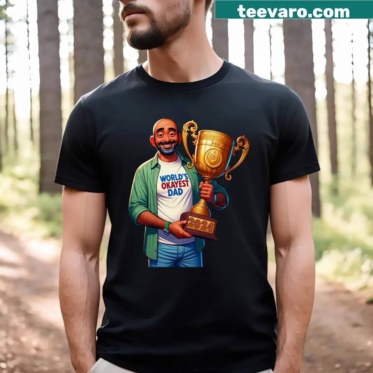 Funny T-shirt for dads with 'World’s Okayest Dad' trophy design — on a men's t-shirt