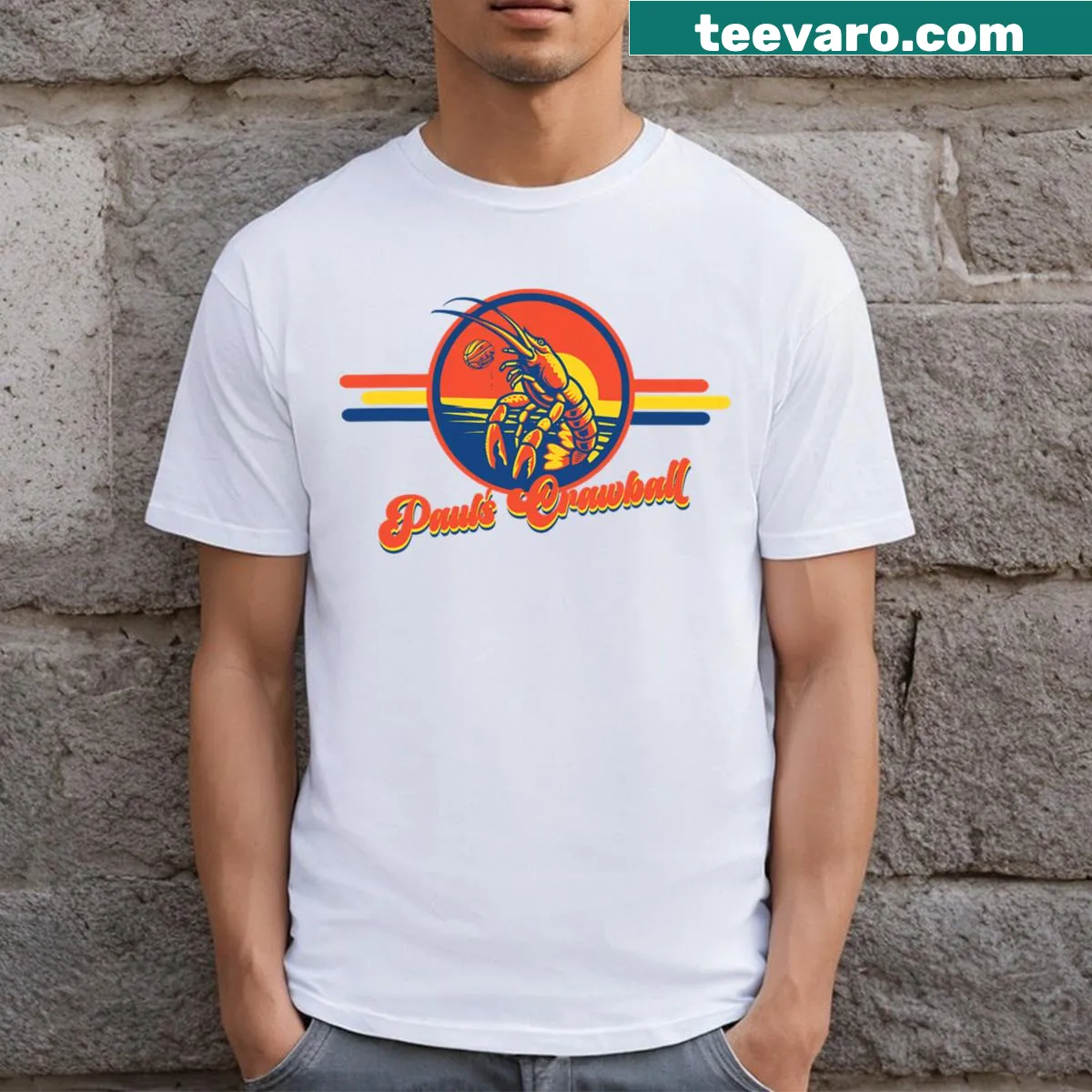 Funny crawfish-themed T-shirt with playful typography — on a men's t-shirt