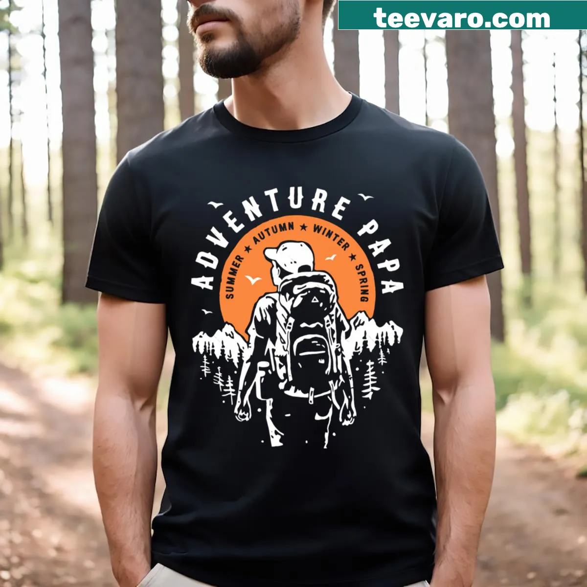 Illustrated T-shirt for dads featuring mountains and adventure theme — on a men's t-shirt