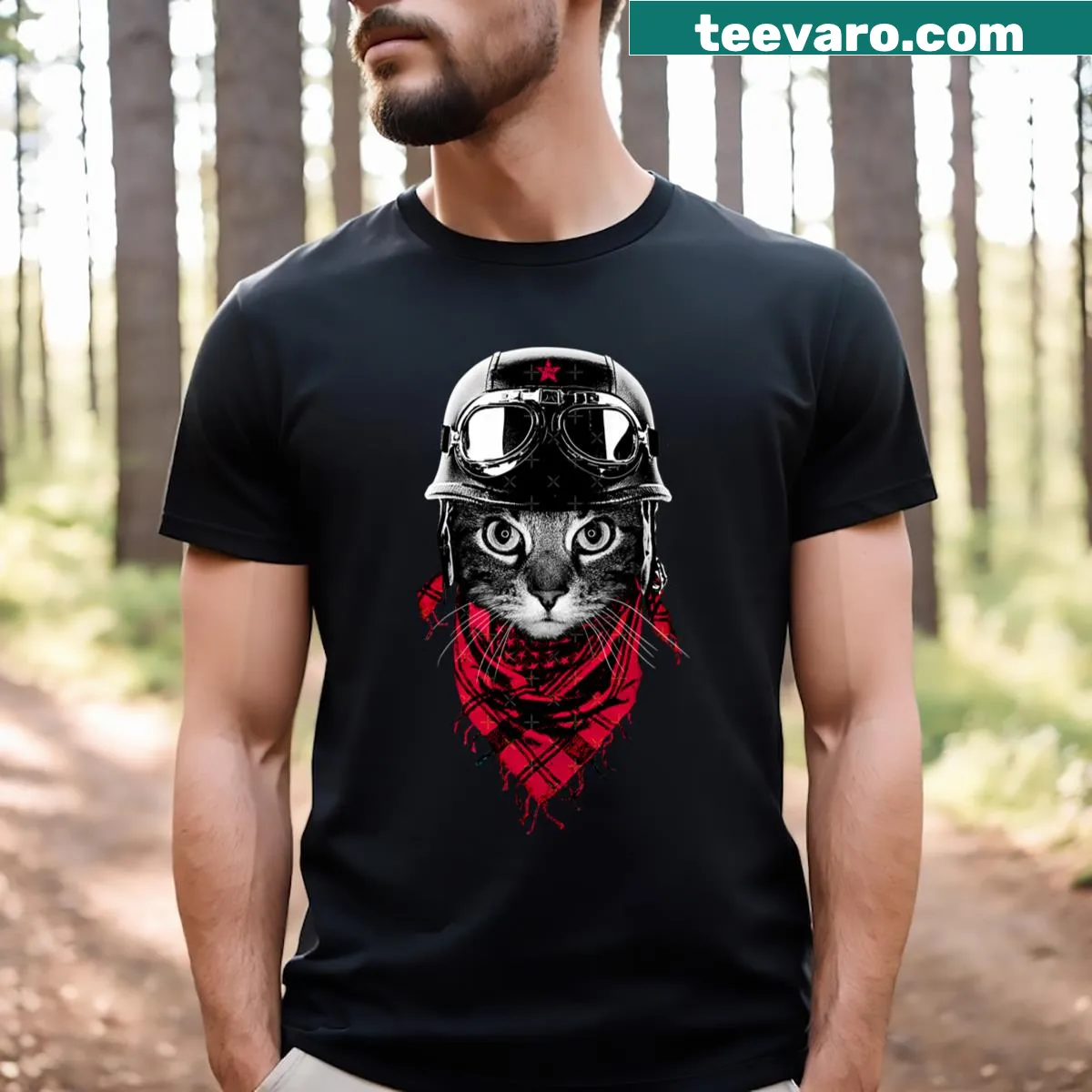 T-shirt featuring an adventurous illustration of a cat — on a men's t-shirt
