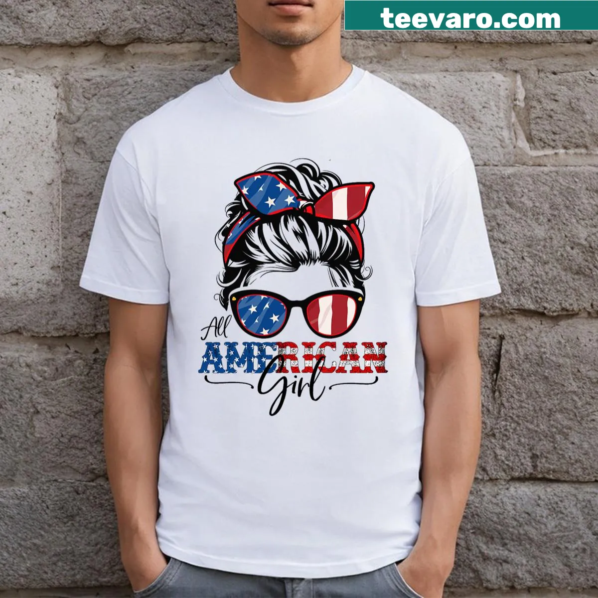 Vintage-style USA flag t-shirt with messy bun graphic — on a men's t-shirt