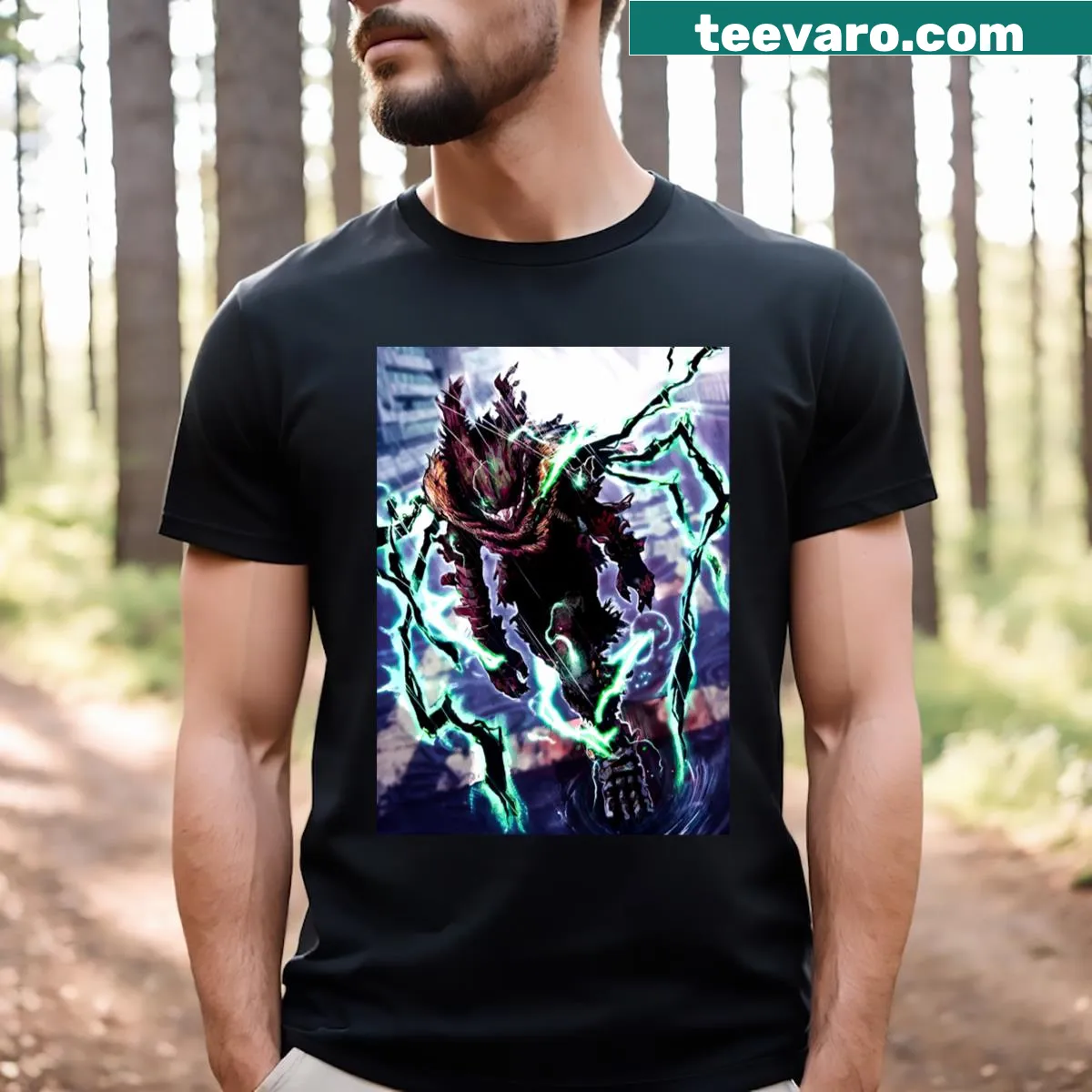 Anime and manga themed T-shirt featuring various character illustrations — on a men's t-shirt