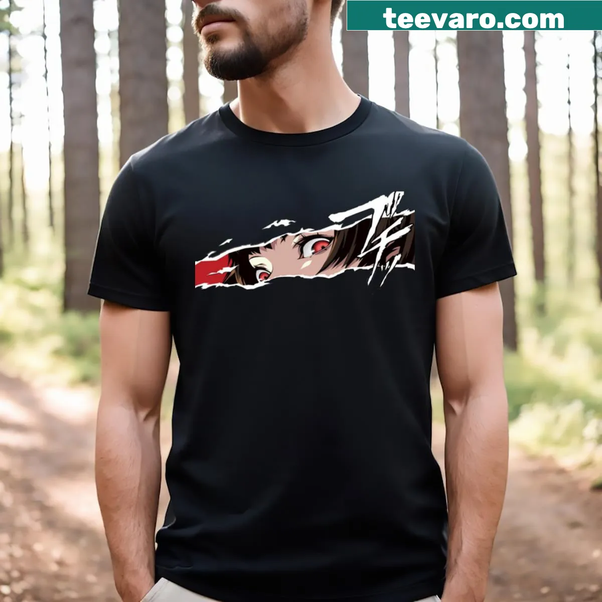 Anime-inspired t-shirt with expressive eyes design — on a men's t-shirt