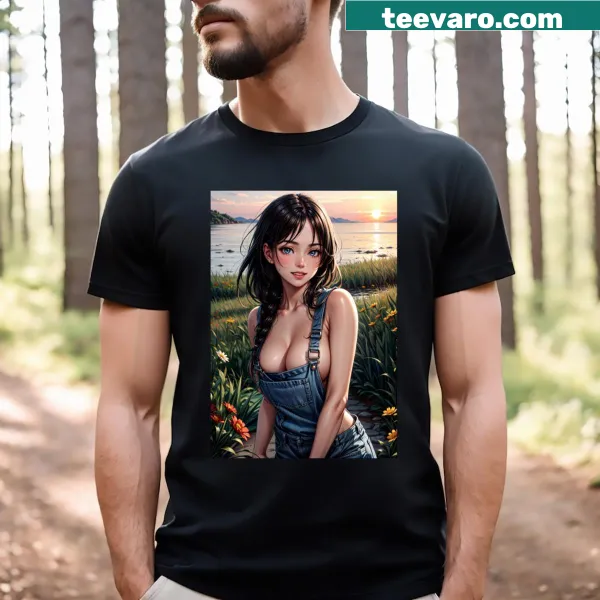 Charming t-shirt with a pinup-style anime character picking wildflowers.