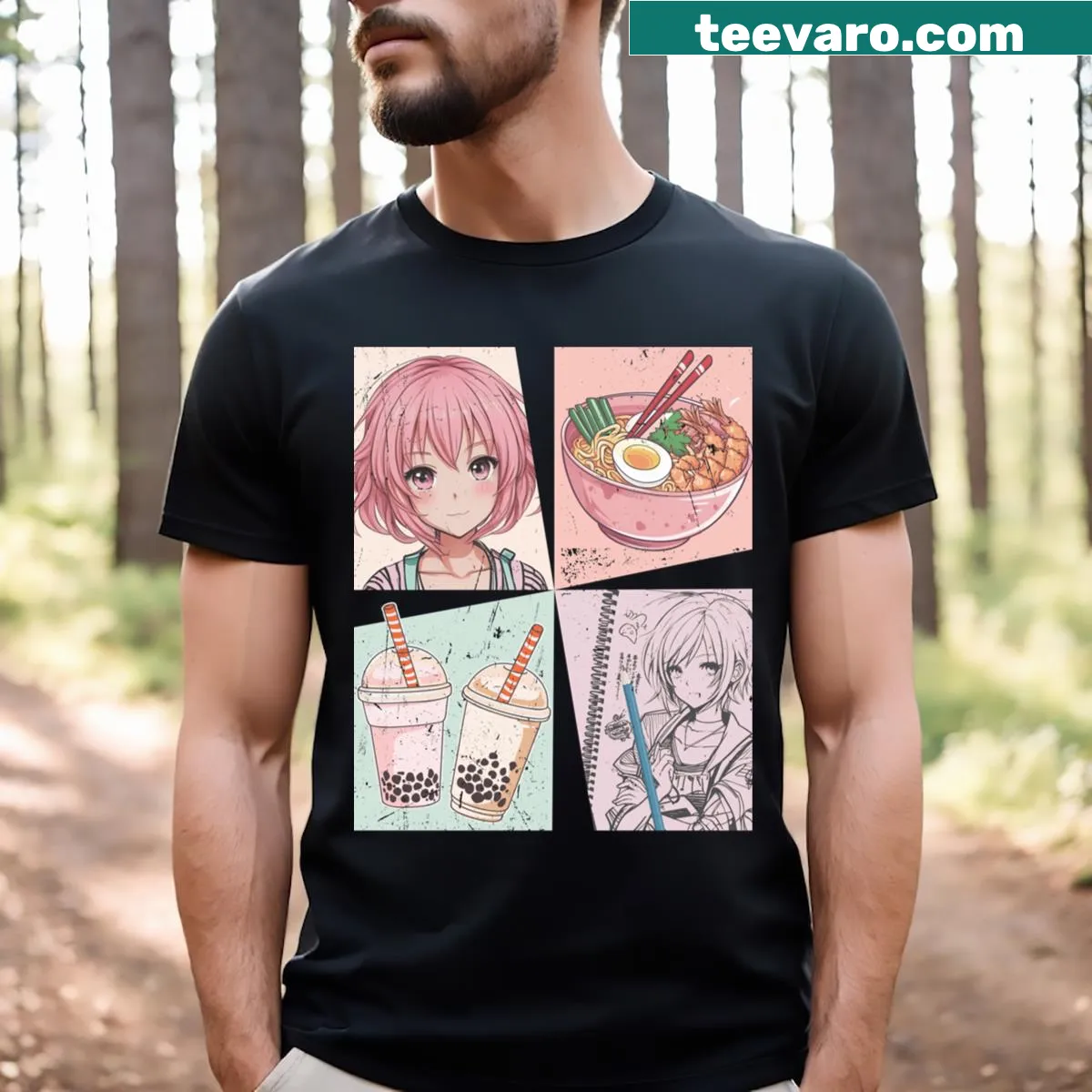 Sketch design of ramen and boba on a T-shirt — on a men's t-shirt
