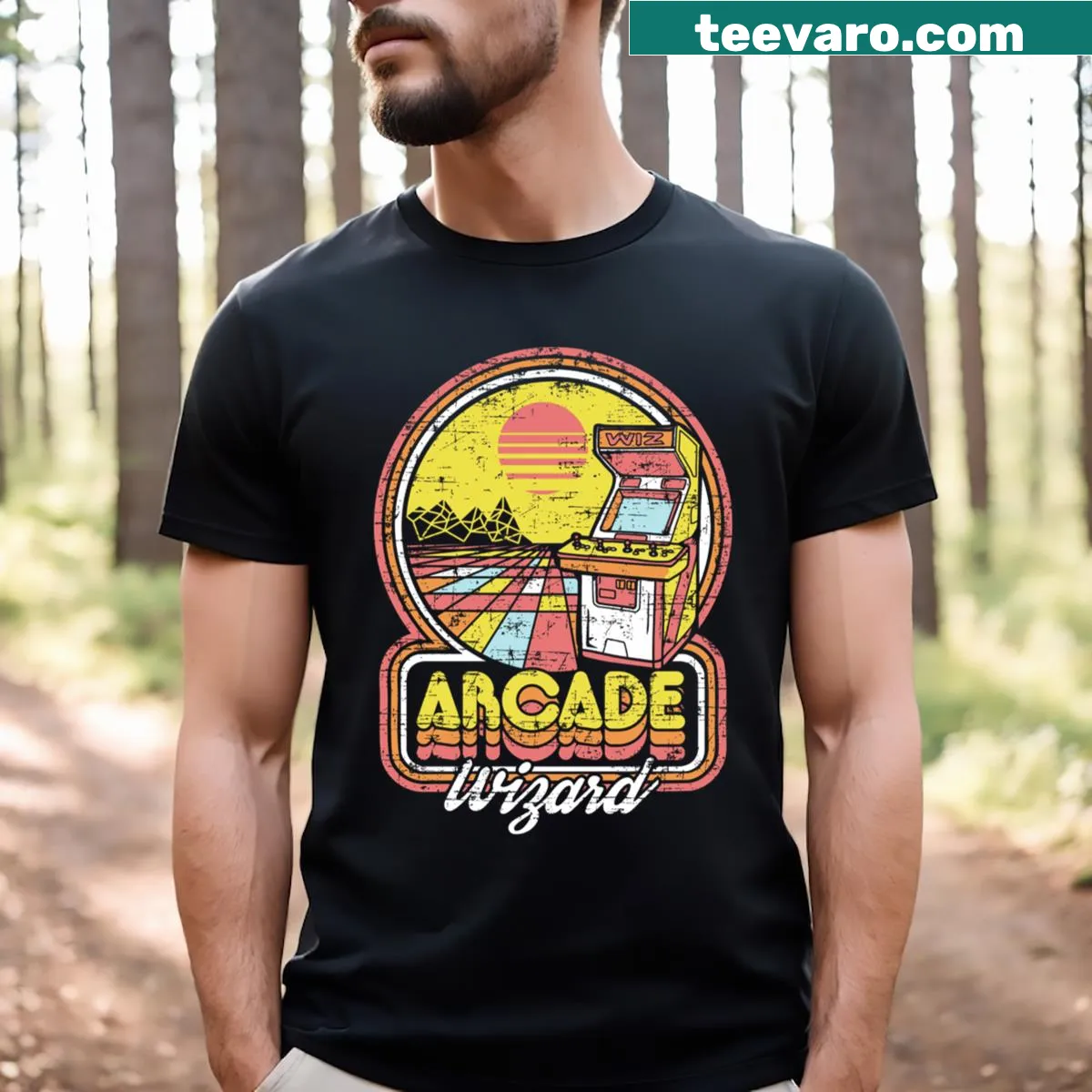 T-shirt featuring an illustration of an arcade wizard — on a men's t-shirt