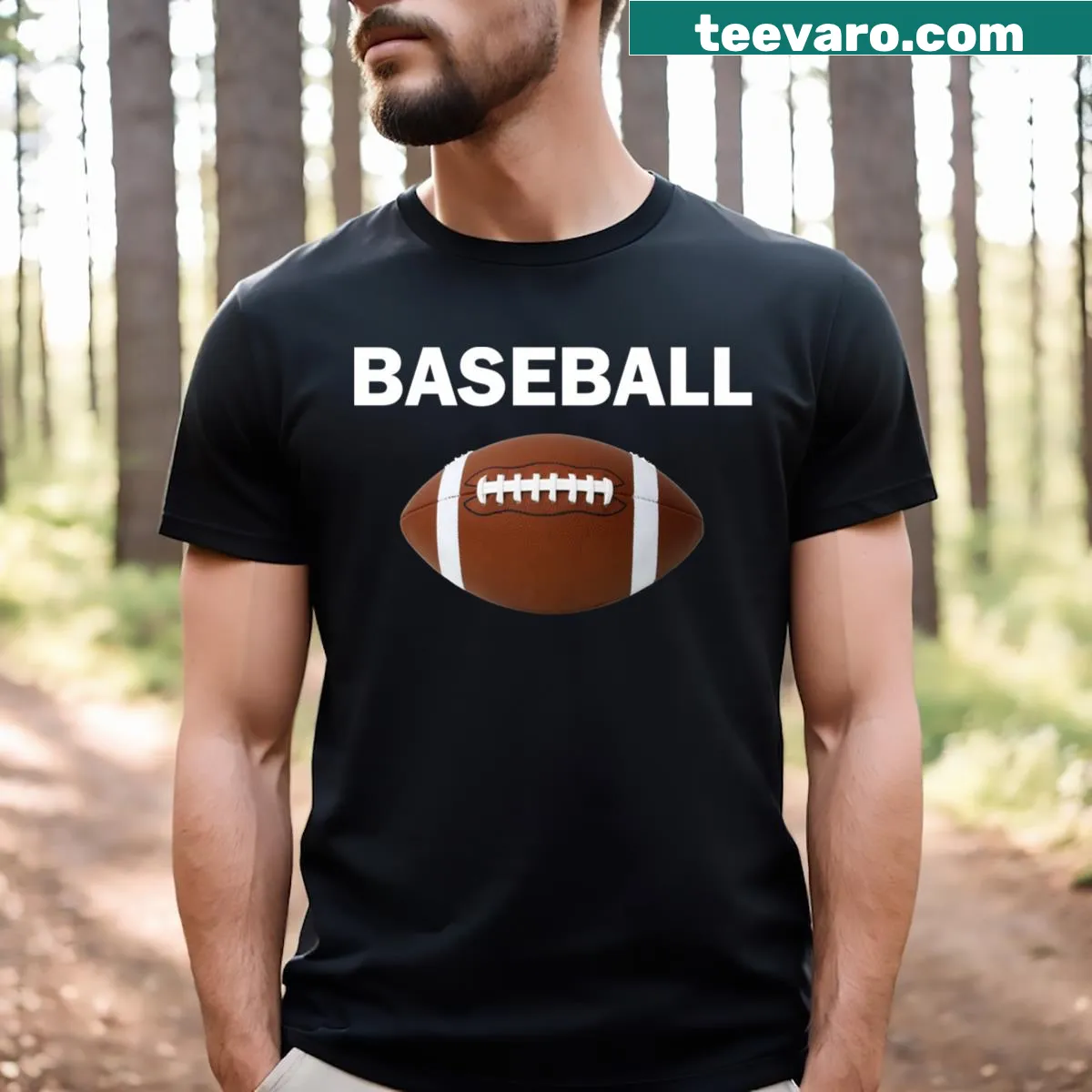 T-shirt featuring playful typography combining baseball and football themes — on a men's t-shirt
