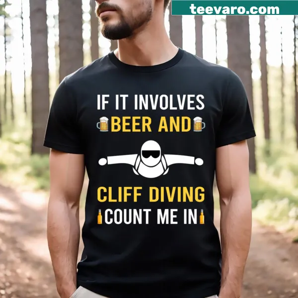 Beer and cliff diving t-shirt featuring playful illustrations