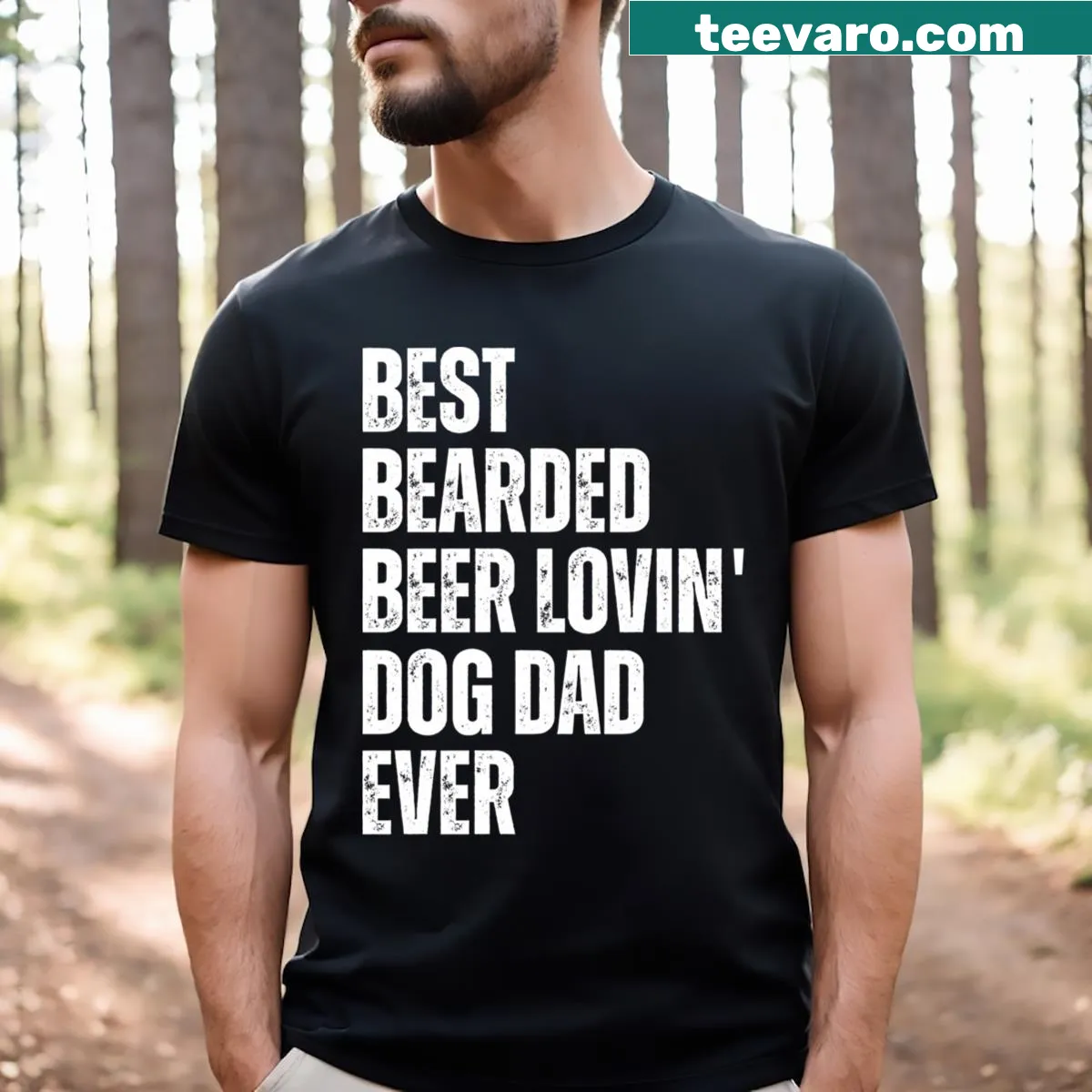 Best Bearded Beer Lovin Dog Dad t-shirt with playful text — on a men's t-shirt