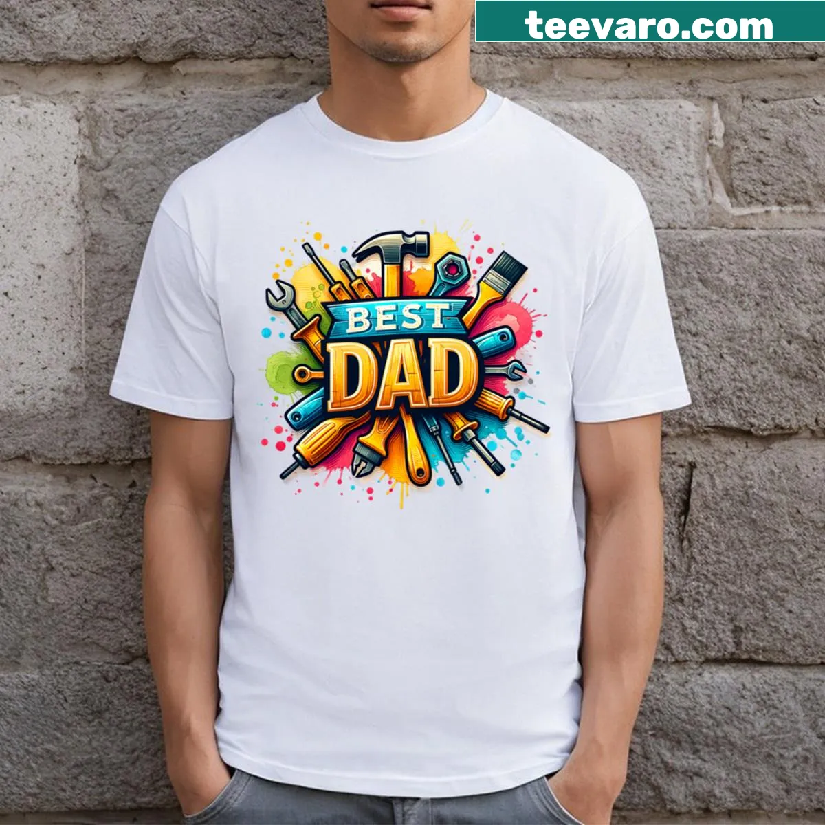 Best Dad Retro Tools t-shirt featuring vintage tool illustrations — on a men's t-shirt