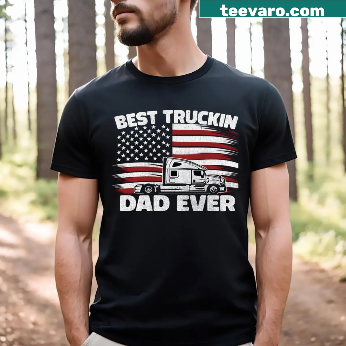T-shirt with 'Best Trucking Dad Ever' in a bold badge design — on a men's t-shirt